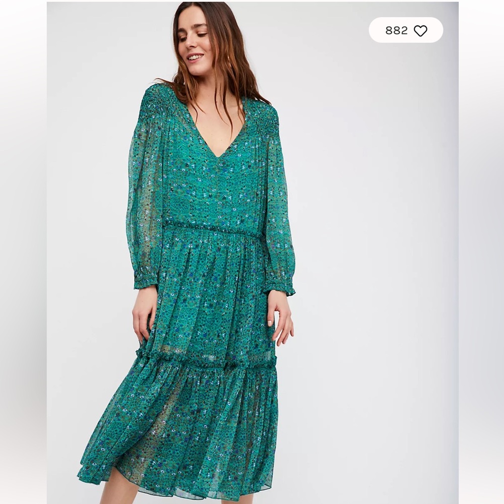 Free People Smocked Shoulder Midi Dress Green Floral Tiered Long Sleeve NWT - Picture 1 of 15
